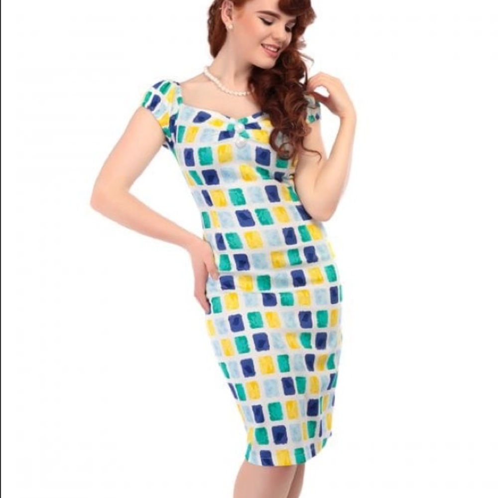 Collectif Dolores Pencil Dress in Paint Pot Print